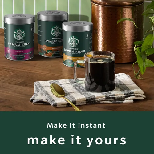 Vista 5 de Starbucks Café instantáneo premium, café tostado oscuro, granos arábica, tres latas de 3.17 onzas