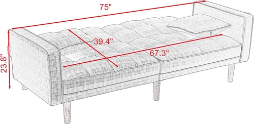 Vista 2 de Sofá cama tipo futón convertible, moderno sofá cama plegable tapizado de lino con dos almohadas, sofá cama de 75 pulgadas para sala de estar