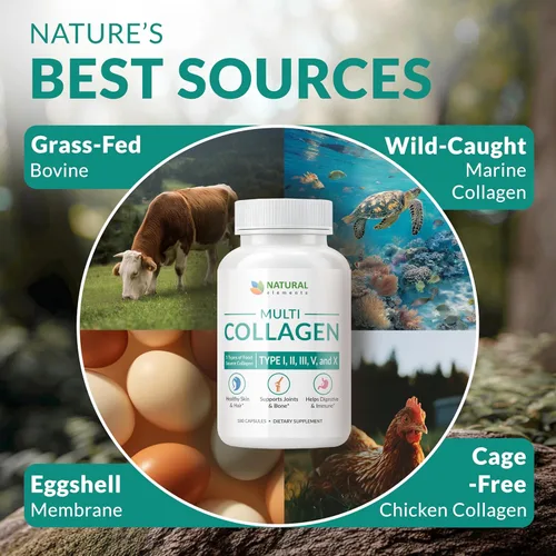 Vista 4 de Multi Collagen 180 cápsulas de proteínas – Pastillas de colágeno tipo I, II, III, V, X – Mezcla patentada de péptidos de colágeno de cáscara