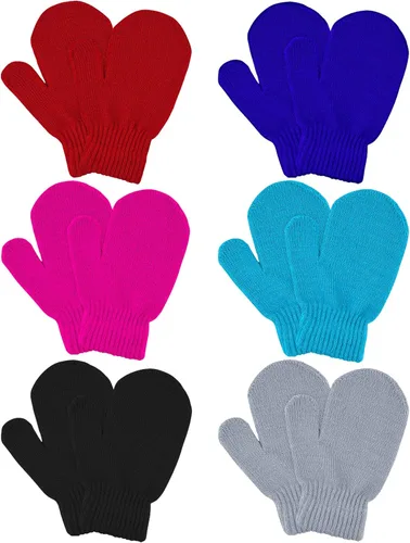 MENOLY 6 Pairs Toddler Magic Stretch Mittens Winter Warm Kids Knit Gloves for Little Girls Boys