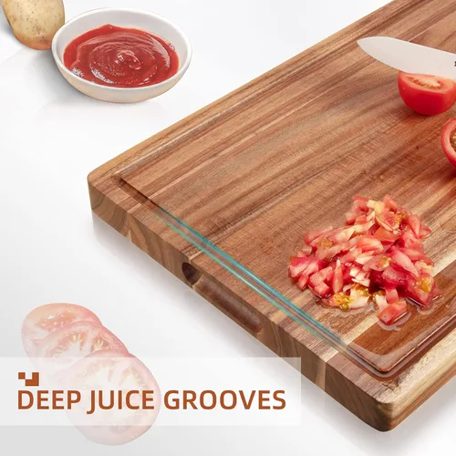 Vista 2 de Tablas de cortar grandes de madera de acacia para cocina, tabla de cortar de madera extra grande de 20 x 15 pulgadas con ranura para jugos, tabla