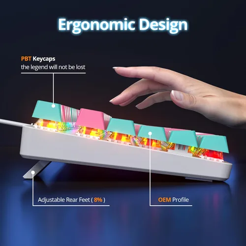 Vista 8 de Teclado RGB rosa para juegos, teclado mecánico con cable de 104 teclas con teclado numérico, interruptor rojo lineal NKRO, tamaño completo