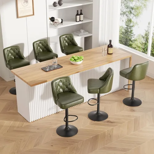 Vista 29 de Juego de 2 taburetes de bar, taburete de bar ajustable con respaldo, sillas de bar tapizadas de piel sintética, taburetes de bar giratorios modernos