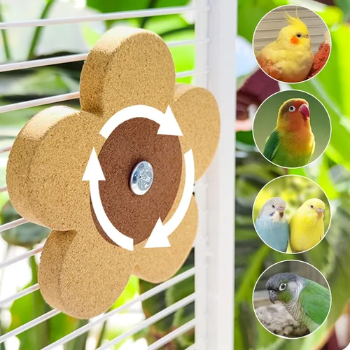 Vista 5 de Juguetes para pájaros, juguete giratorio de corcho para masticar con 2 piezas de repuesto para jaulas, juguetes de periquitos, accesorios de jaula