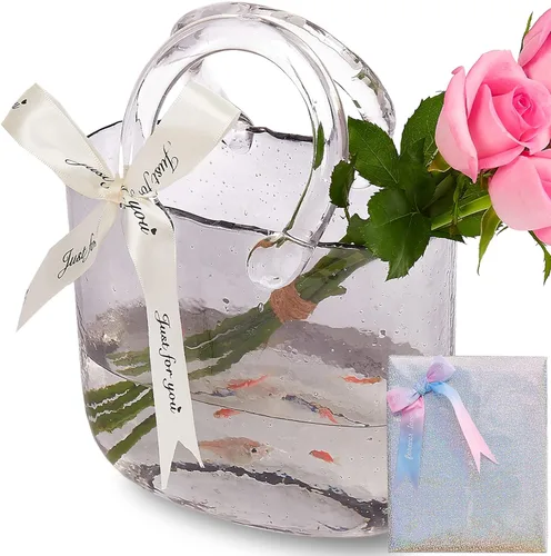 Florero de vidrio engrosado en forma de bolso para flores, juego de regalo - (Hecho a mano de 5 mm de cristal - Florero de bolsa transparente único