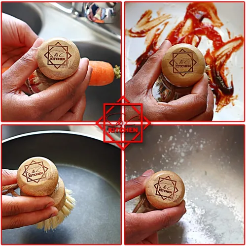 Vista 7 de S&C Kitchen - Cepillo de bambú para limpiar sartén, verduras, platos, wok, platos para cocina, baño, hecho de cerdas de palma y sisal con mango