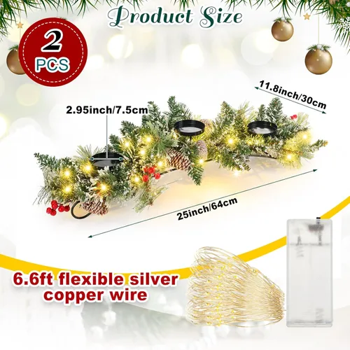 Vista 2 de 4 piezas de centro de mesa navideño con 3 portavelas navideños, luces LED de cadena tipo hadas, a pilas, bayas rojas artificiales, piñas para cocina