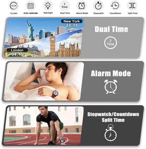 Vista 3 de Beeasy - Reloj digital de pulsera resistente al agua con cronómetro, alarma, cuenta regresiva, doble zona horaria, ultrafino, pantalla angular muy