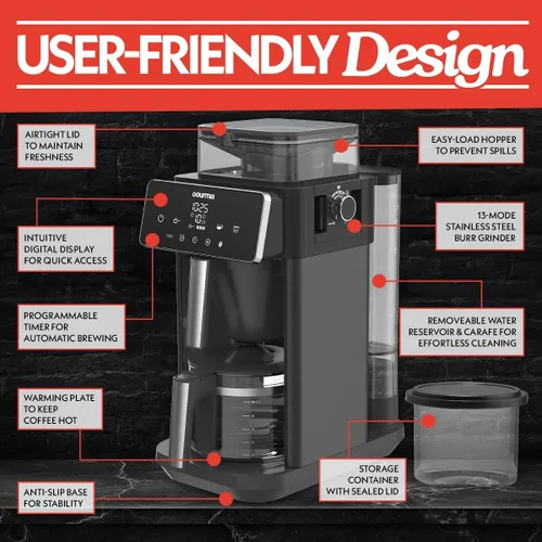 Vista 7 de Gourmia Cafetera de 10 tazas para moler y preparar - Molinillo de rebabas integrado, 3 fuerzas de preparación, pantalla digital programable, pausa