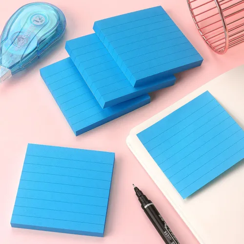 Vista 6 de Notas adhesivas forradas de 3 x 3 pulgadas, notas adhesivas con líneas, notas autoadhesivas, color brillante, 4 blocs de 90 hojas/bloc (azul)