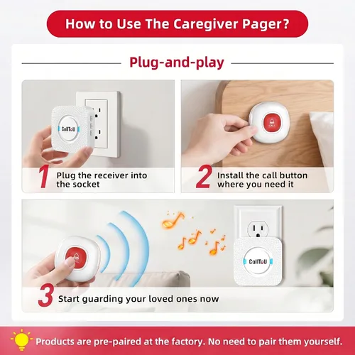 Vista 6 de CallToU Botón de llamada inalámbrico para cuidadores para ancianos en casa, sistema de alerta de enfermera de más de 500 pies para personas Blanco