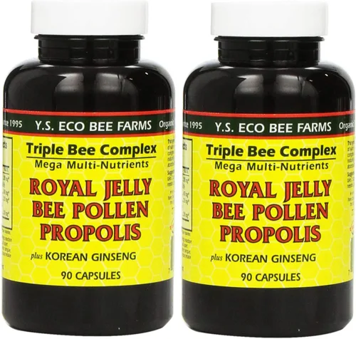 YS Eco Bee Farms, Propóleos de polen de abeja Royal Jelly Plus Ginseng coreano, 90 cápsulas (paquete de 2)