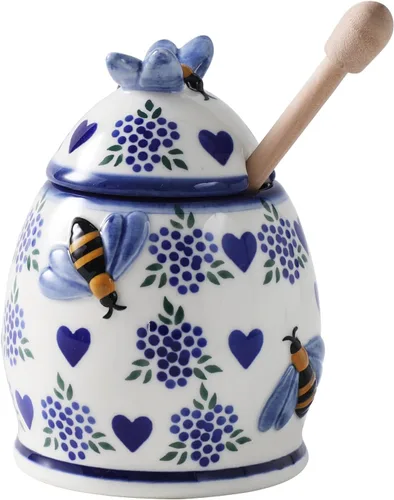 Vista 6 de ZOOBEE Tarros de Miel Cerámicos con Cuchara y Tapa Estilo Granja, Tarro de Miel de 10oz con Cuchara, Tarros de Miel Pintados a Mano con Abejas, Amor