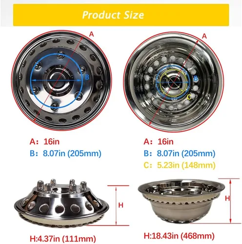 Vista 5 de K16A - Simulador de rueda doble de acero inoxidable pulido de 16 pulgadas, 4 piezas de tapacubos a presión, cubierta de rueda de 6 tuercas y 18