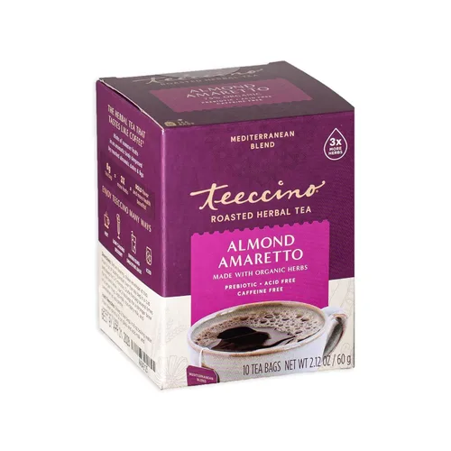 Teeccino Té de hierbas – Amaretto de almendras – Té de hierbas rico y tostado sin cafeína y prebiótico para energía natural, 10 bolsas de té