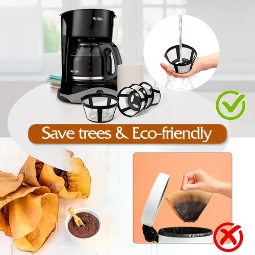 Vista 5 de Filtros de café reutilizables, 4 paquetes, 8-12 tazas, filtro de café para cesta permanente, reutilizable para Mr. Coffee, cafetera Black & Decker