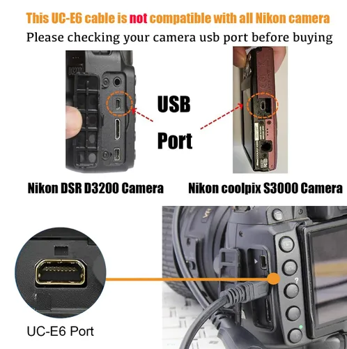 Vista 2 de Cable USB 2.0 de repuesto UC-E6, cable de transferencia de fotos de datos para cámara Nikon DSLR D3300 D750 D5300 D7200 D3200, Coolpix B500 L340 L32