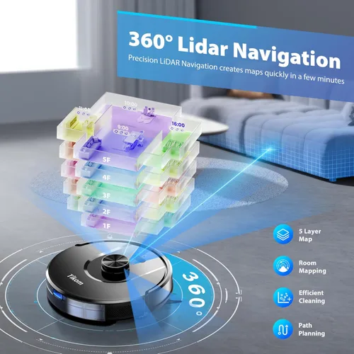 Vista 2 de Tikom Combo robot de aspiradora y trapeador, aspiradora robótica automática de 6000 Pa, mapeo inteligente, 150 minutos máximo, ideal para pelo