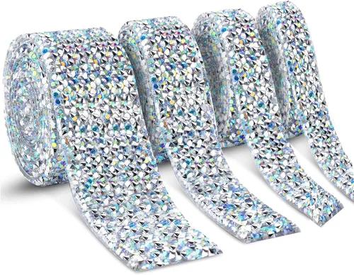 Vista 18 de Dowarm Cinta de diamantes de imitación de 3 yardas, rollo de cinta de diamantes de imitación, envoltura de malla con diamantes de imitación Plata