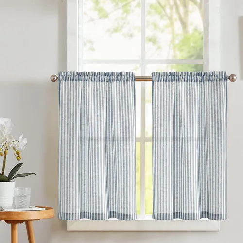 Vista 10 de Vangao - Cortinas de cocina estilo granja a rayas, cortinas de lino para café con diseño de rayitas, cortinas de 24 pulgadas de largo, con bolsillo