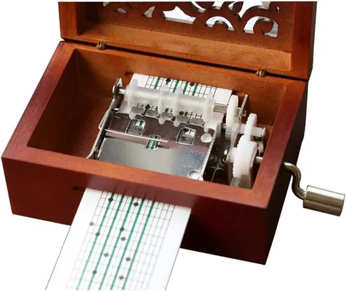 Vista 4 de Caja musical vintage de madera tallada con manivela, caja de música, regalo