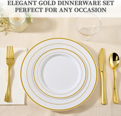 Vista 4 de FOCUSLINE Juego de vajilla dorada de 600 piezas para 100 invitados - Platos de plástico desechables con borde dorado, incluye 100 platos de cena