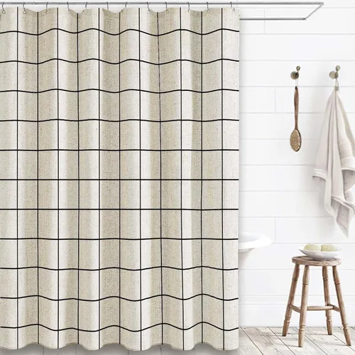 Cortina de ducha estilo casa de campo a cuadros en beige, cortinas de lino para baño con patrón natural en negro, 78" L x 72" W pulgadas Plaid Black