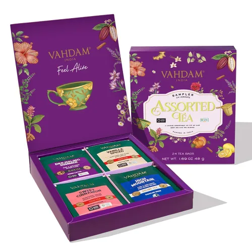 Vista 16 de VAHDAM, Paquete de té variado, 15 SABORES Muestrario de té premiado Té negro, té verde, té oolong, té chai, té de hierbas - Bolsas de té