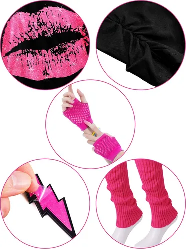 Vista 4 de Blulu 80s Costume Accessories Set T-Shirt Tutu Headband Earring Necklace Leg Warmers