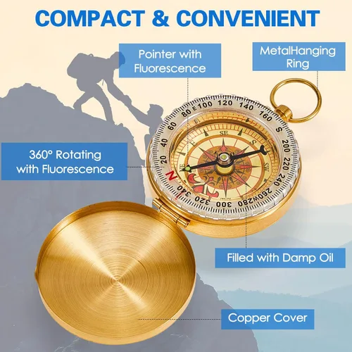 Vista 3 de Dunzy Camping Survival Compass Glow in The Dark Metal Pocket Compass for Hiking Military Navigation Tool for Hiking Hunting Climbing Camping Party