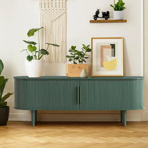 Vista 71 de Soporte de TV, mesa consola multimedia con puerta corredera y compartimento de almacenamiento, centro de entretenimiento moderno con almacenamiento