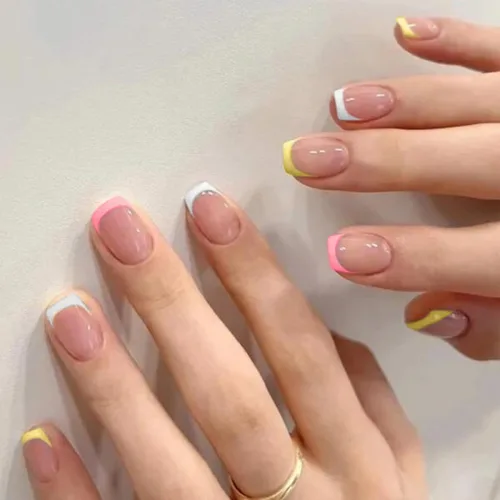 Vista 3 de Uñas postizas a presión de punta francesa, uñas postizas cuadradas cortas, coloridas y brillantes, uñas postizas naturales reutilizables, uñas