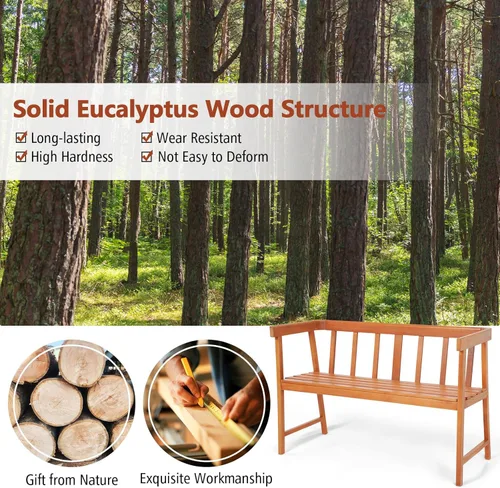 Vista 7 de HAPPYGRILL Banco de madera para exteriores, banco de madera para 2 personas con respaldo ergonómico y reposabrazos, marco de madera de eucalipto