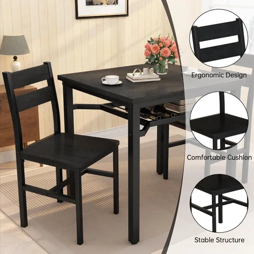 Vista 5 de Hooseng juego de mesa de comedor de 3 piezas para 2, pequeña mesa de cocina de madera con almacenamiento, juego de comedor cuadrado de estilo granja