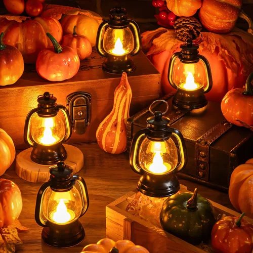Vista 3 de 12 mini linternas de Halloween, centros de mesa para mesas con vela de simulación LED, linterna colgante pequeña de 4 pulgadas, faroles decorativos