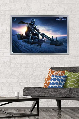 Vista 17 de Star Wars: The Mandalorian - Póster de pared Grogu Sunset Speeder, 34 pulgadas de largo x 22.4 W, versión premium sin marco