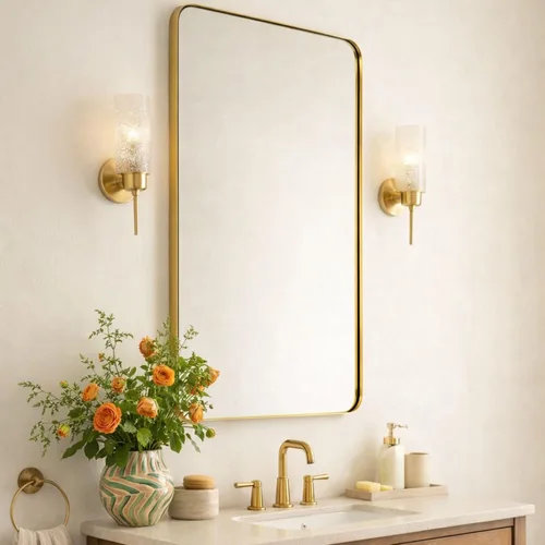 GRACTO Espejo de baño con marco de metal dorado cepillado de 24 x 30 pulgadas para pared en acero inoxidable redondeado rectangular espejo de