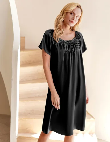 Vista 4 de Ekouaer Camisón plisado de seda satinada para mujer, ropa de dormir suelta, camisón estampado de manga corta