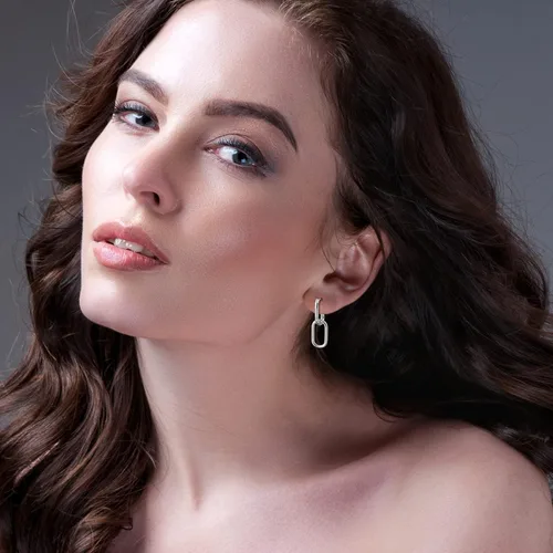 Vista 7 de Aretes de aro de plata de ley 925 con doble ovalado para mujer, pequeños aretes de aro de plata para orejas sensibles, aretes de aro cuadrados