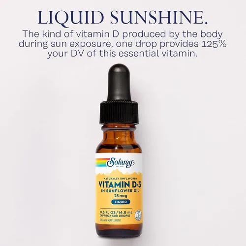 Vista 3 de SOLARAY Gotas líquidas de vitamina D3 de 25 mcg (1000 UI) - Gotas de vitamina D de absorción mejorada en aceite de girasol para soporte VIT D3