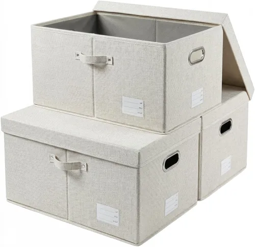 Vista 22 de PRANDOM Contenedores de almacenamiento con tapas [paquete de 3] cajas de almacenamiento plegables de tela de lino, canastas organizadoras, cubos
