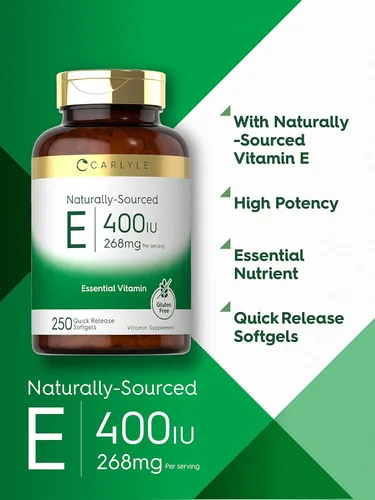 Vista 3 de Carlyle Cápsulas blandas de vitamina E de 400 UI 250 unidades De origen natural Sin OMG y sin gluten