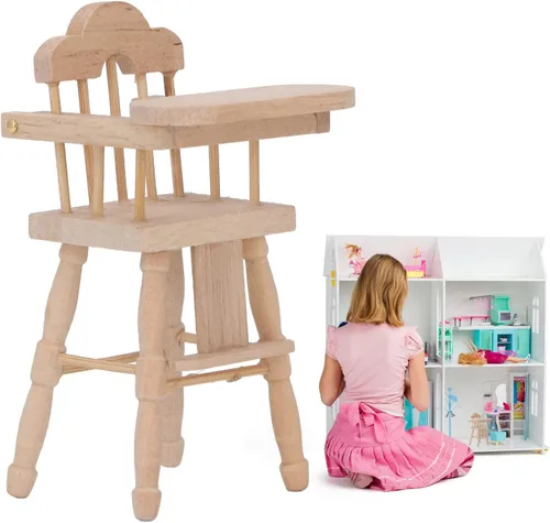 Vista 7 de 112 Casa de muñecas Silla de comedor para bebé, sillas altas en miniatura, casa de muñecas, silla alta de madera, muebles en miniatura plegables