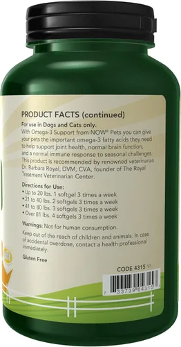 Vista 2 de NOW Pet Health, Suplemento Omega 3, formulado para gatos y perros, certificado NASC, 180 cápsulas blandas