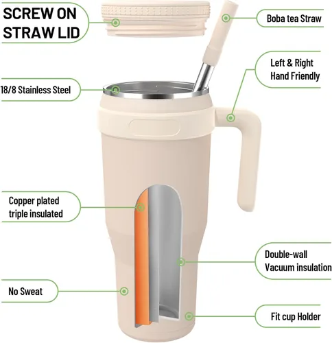 Vista 3 de Zukro Vaso de 50 onzas con asa y tapa con popote, botella de agua de acero inoxidable aislada al vacío, taza de viaje con tapa de rosca, cabe