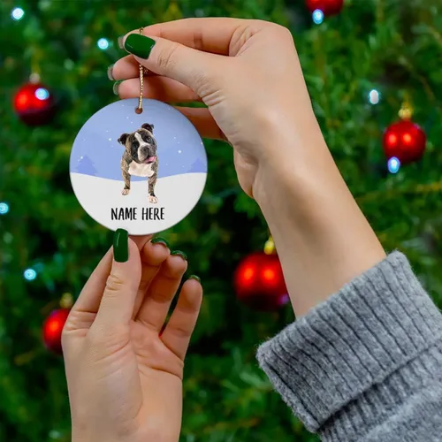 Vista 2 de Personalized Name American Bully Brindle White Christmas Tree Ornaments Circle Ceramic, Custom Text Gifts for Dog Mom