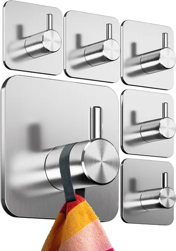 4smile Towel Holder Without Drilling, Set of 6 Bathroom Self-Adhesive Robe Rack as Practical Adhesive Towel Hooks - Sticky Towel Holder, Classic