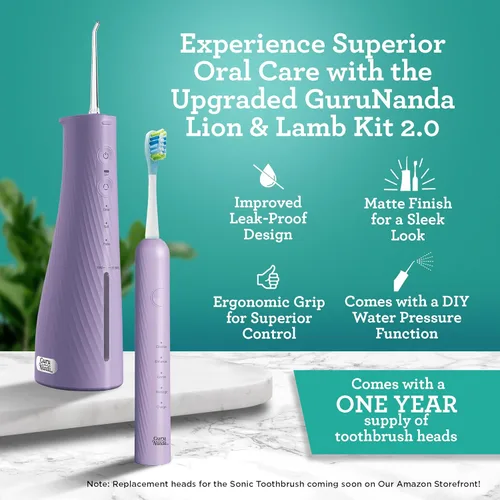Vista 2 de GuruNanda Lion & Lamb Kit 2.0, cepillo de dientes eléctrico con hilo dental de agua, 4 puntas de chorro, 4 cabezales de cepillo y diseño impermeable