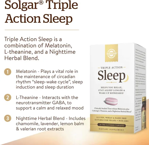 Vista 3 de Solgar Triple Action Sleep, 30 tabletas de tres capas – Mezcla de hierbas de melatonina y L-teanina de liberación prolongada – Te ayuda a relajarte