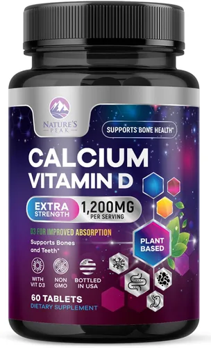 Calcio 1200 mg por porción con vitamina D3 – Suplemento de salud ósea, vitamina D y suplementos de calcio para mujeres y hombres – hueso, dientes y